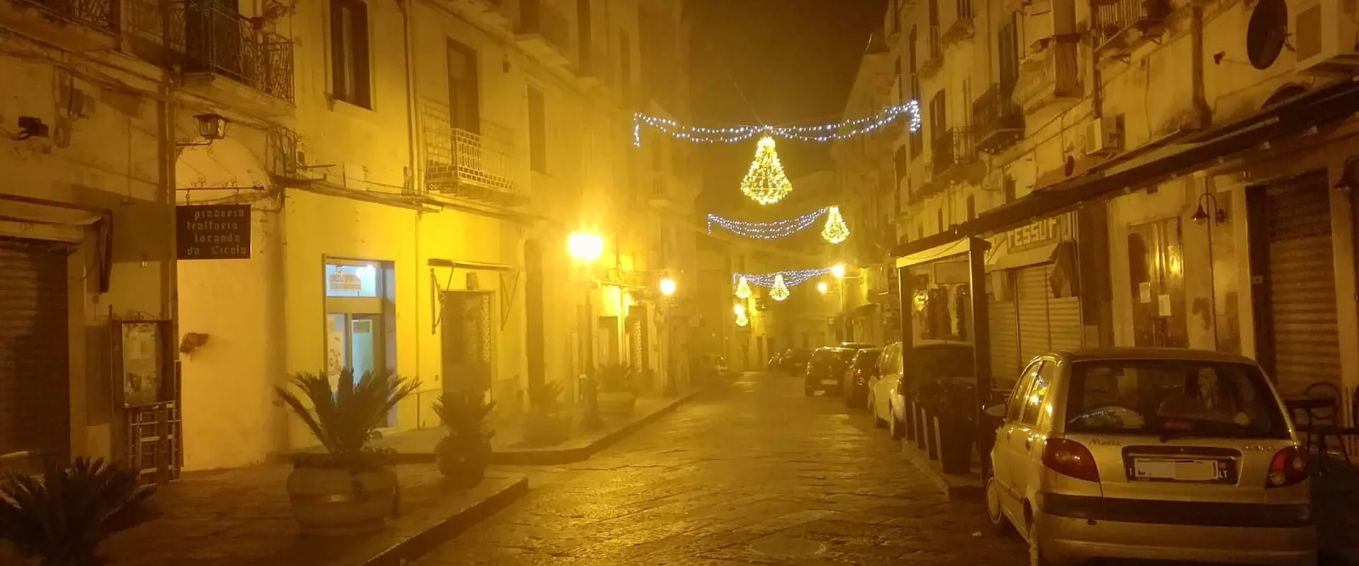 Strada del centro illuminata dalle luminarie di Natale, di sera