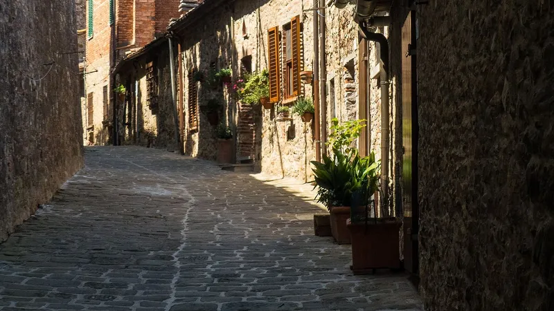Vicolo lastricato in pietra del centro storico, con vasi di piante davanti alle case